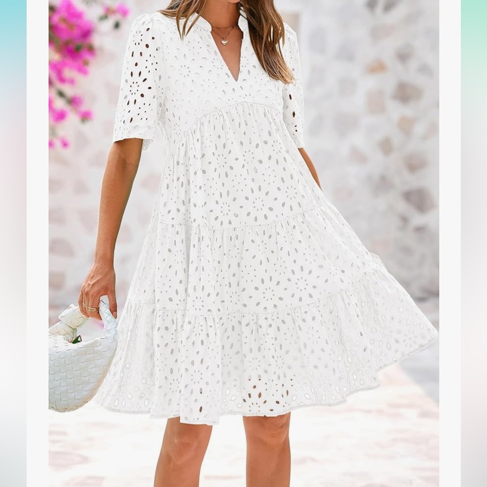 BTFBM size XLarge Boho Dress Resort V Neck Short Sleeve White Cut Out Lace $58 - Picture 3 of 10